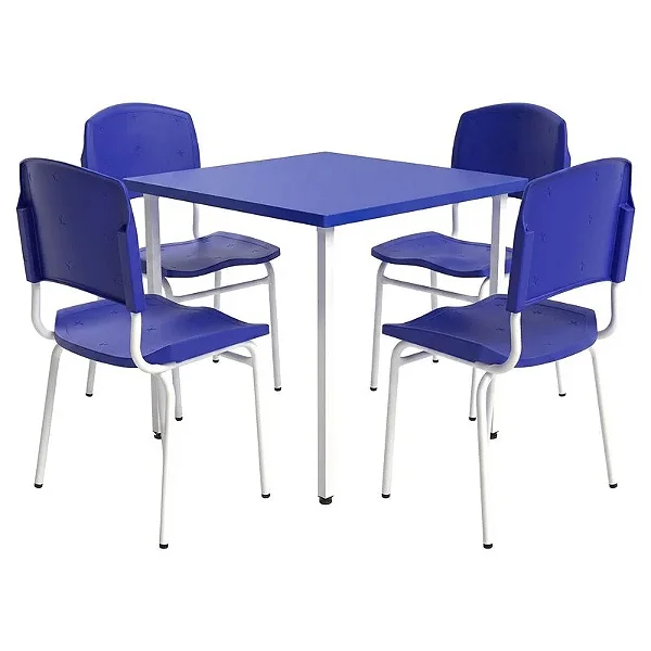 Conjunto Coletivo Escolar Quadrado Azul com Mesa Quadrada + 4 Cadeiras – ADULTO – 76603 - Casa das Cadeiras Goiânia