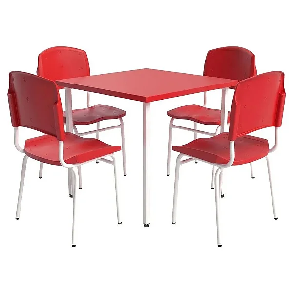 Conjunto Coletivo Escolar Quadrado Vermelho com Mesa Quadrada + 4 Cadeiras – ADULTO – 76605 - Casa das Cadeiras Goiânia