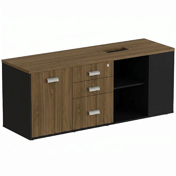 Armário Diretivo Para Escritório Esquerdo Com Caixa De Tomada 160X50 Linha Prima 40 – Nogal/Preto - 65507 - Casa das Cadeiras Goiânia