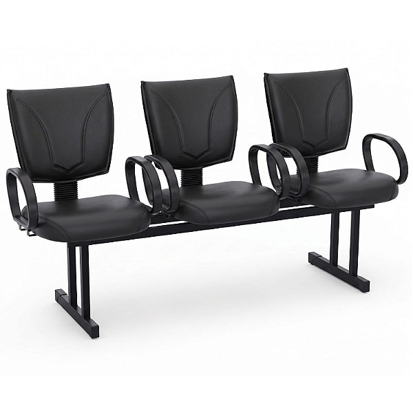 Longarina Para Recepção B-One Costurada – 03 Lugares – Com Braços Fixos Corsa – Courvin Preto - 67439 - Casa das Cadeiras Goiânia