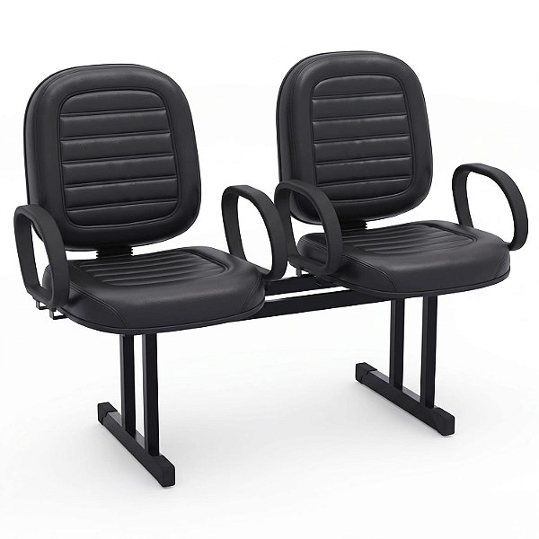 Longarina Para Recepção Diretor Costurada – 02 Lugares – Com Braços Fixos Corsa – Courvin Preto - 85095 - Casa das Cadeiras Goiânia