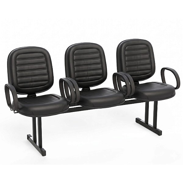 Longarina Para Recepção Diretor Costurada – 03 Lugares – Com Braços Fixos Corsa – Courvin Preto - 42129 - Casa das Cadeiras Goiânia