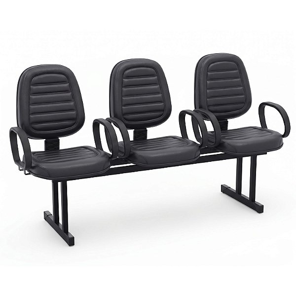 Longarina Para Recepção Executiva Alta Costurada – 03 Lugares – Com Braços Fixos Corsa – Courvin Preto - 71551 - Casa das Cadeiras Goiânia