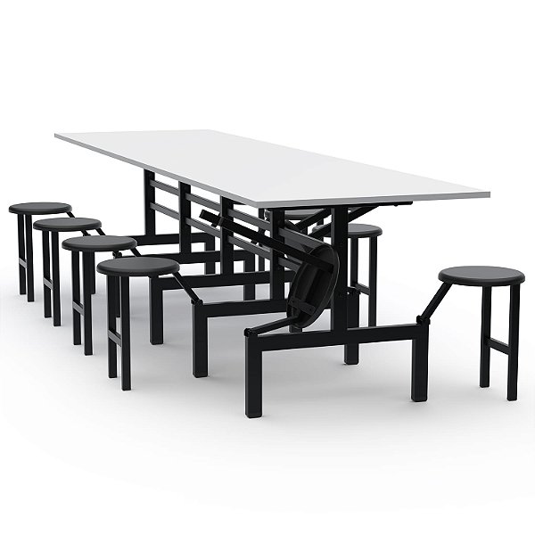 Mesa Refeitório Com Assento Escamoteável – Tampo MDF – 10 Lugares Com Assentos Em PP - 73146 - Casa das Cadeiras Goiânia