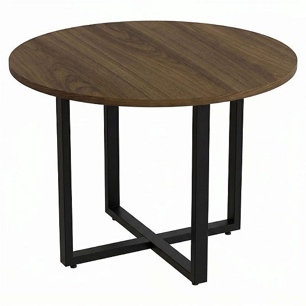 Mesa De Reunião Para Escritório Redonda Pé Quadro Diâmetro 100 cm Linha Prima – Nogal/Preto - 99031 - Casa das Cadeiras Goiânia