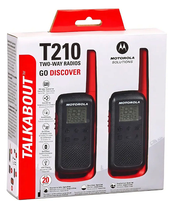 Rádio Comunicador Motorola Talkabout T210BR, 32KM 26 Canais, com Conector para Fone de Ouvido, Supressor de Ruído, Vermelho e Preto