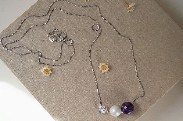 COLAR TRIO AMETISTA PERÓLA SHELL CRISTAL