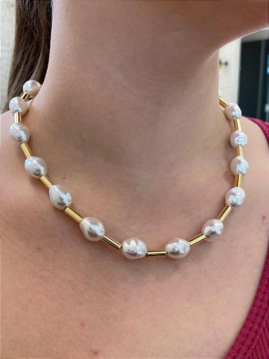 COLAR PEROLA TUBO | BANHADO A OURO