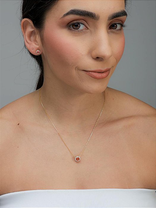 CONJUNTO REDONDO CRAVEJADO RUBI | BANHADO A OURO