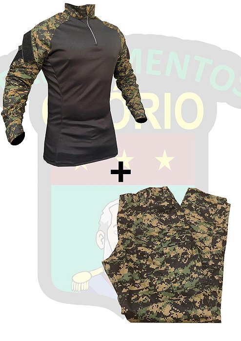 CONJUNTO OSÓRIO - COMBAT SHIRT E CALÇA - DIGITAL MARPAT - Peito Preto