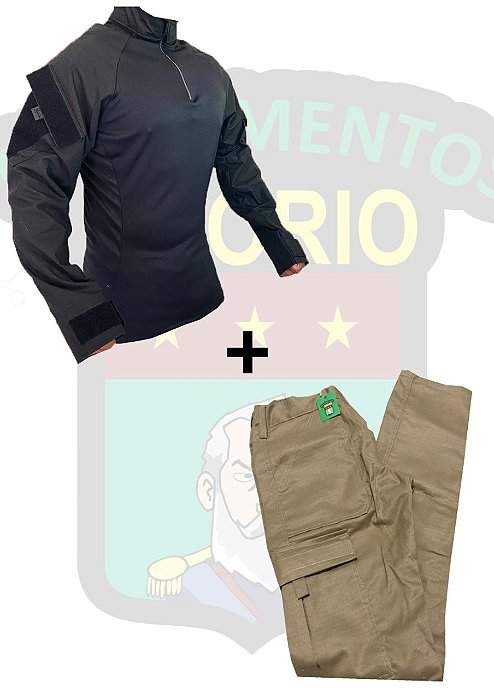 CONJUNTO OSÓRIO - COMBAT SHIRT PRETA  E CALÇA TAN