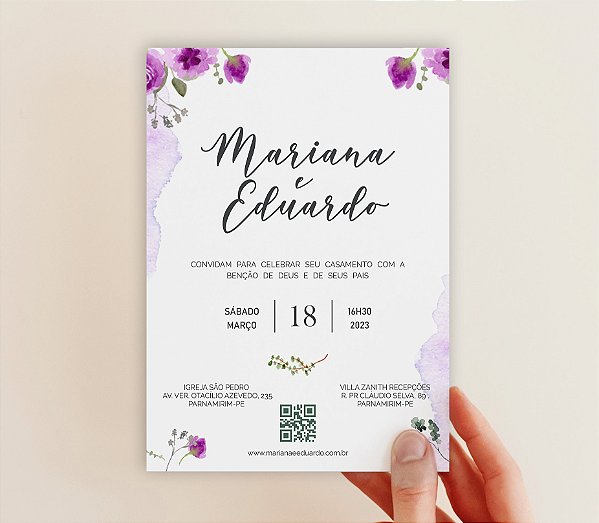 Convite de Casamento 05 - Floral e Aquarela em Tons Roxo e Lilás