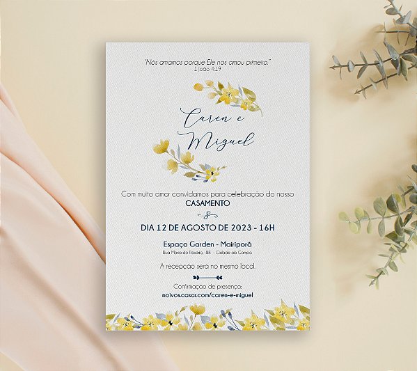 Convite de Casamento 07 - Floral Amarelo com Detalhes Azul