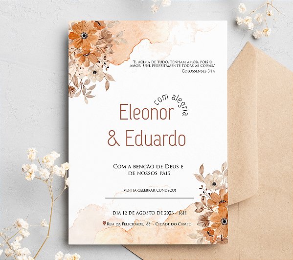 Convite de Casamento 08 - Floral e Aquarela em Terracota