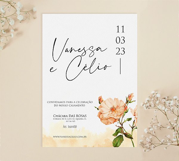 Convite de Casamento 15 - Aquarela e Flor Rosa Salmão