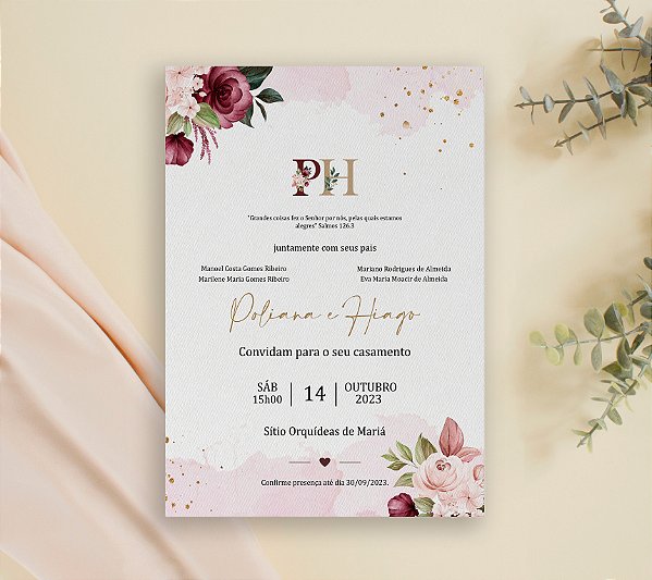 Convite de Casamento 16 - Floral e Aquarela em Marsala e Rosa
