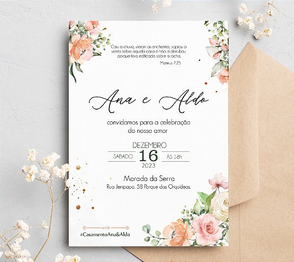 Convite de Casamento 17 - Floral em Tons de Rosa e Salmão