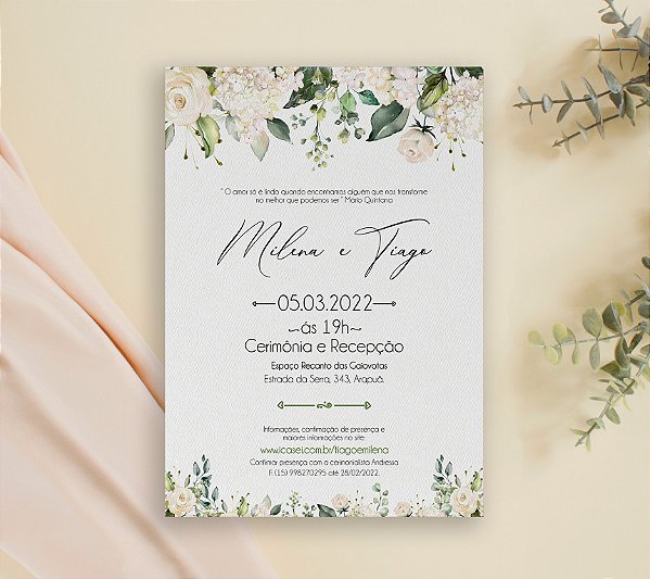 Convite de Casamento 18 - Folhagens com Flores Brancas