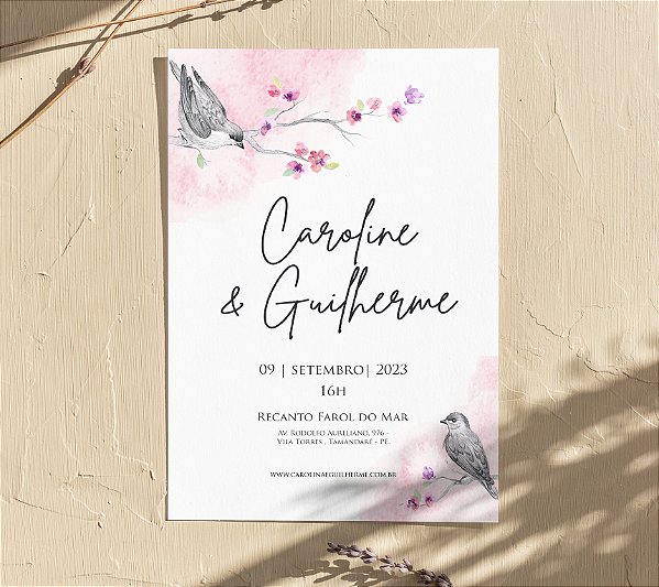 Convite de Casamento 21 - Galho com Flores Rosas e Pássaros