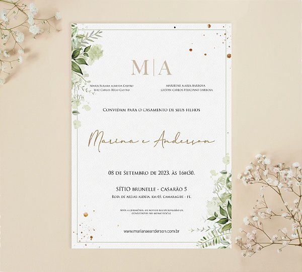 Convite de Casamento 22 - Folhagens e Aquarela Verde