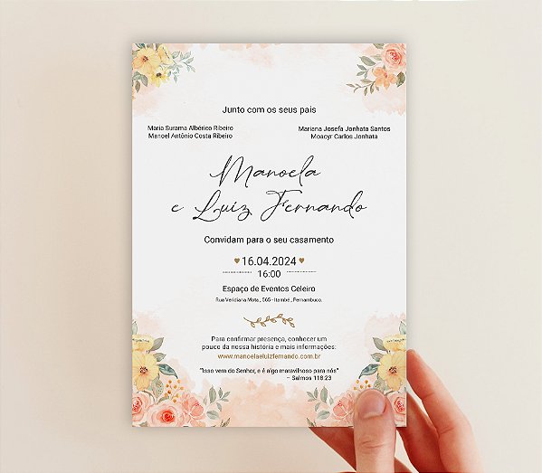 Convite de Casamento 23 - Floral e Aquarela Rosa Salmão