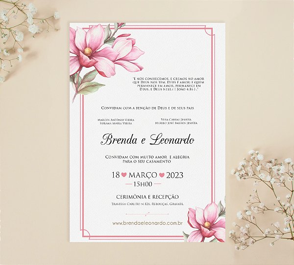 Convite de Casamento 24 - Flores Rosa e Bordas