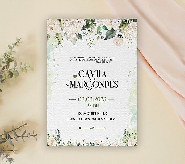 Convite de Casamento 25 - Folhagens com Flores Brancas