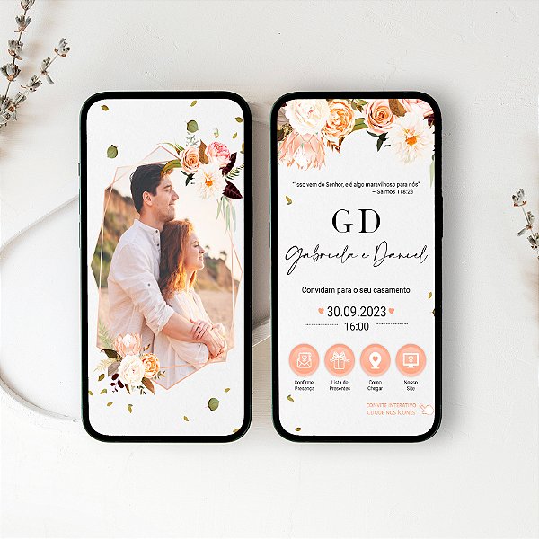 Convite Virtual Interativo 16 - Foto em Moldura e Floral Rosa Salmão