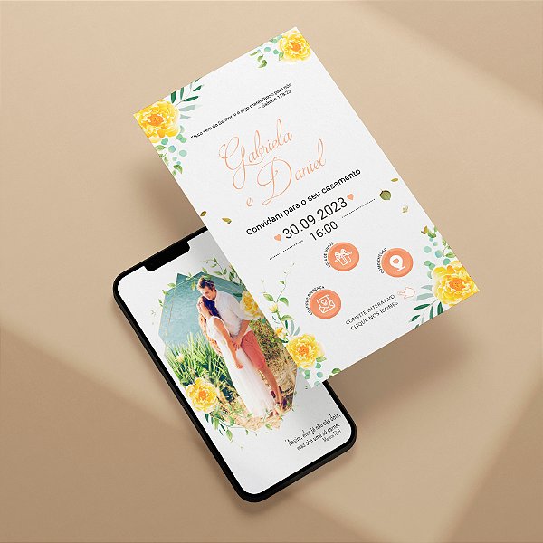 Convite Virtual Interativo 17 - Floral Amarelo e Detalhes Laranja