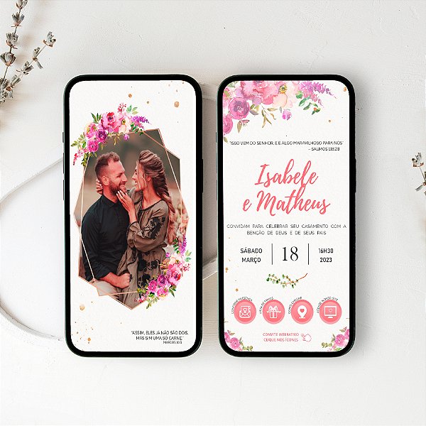 Convite Virtual Interativo 18 - Foto em Moldura e Floral Rosa