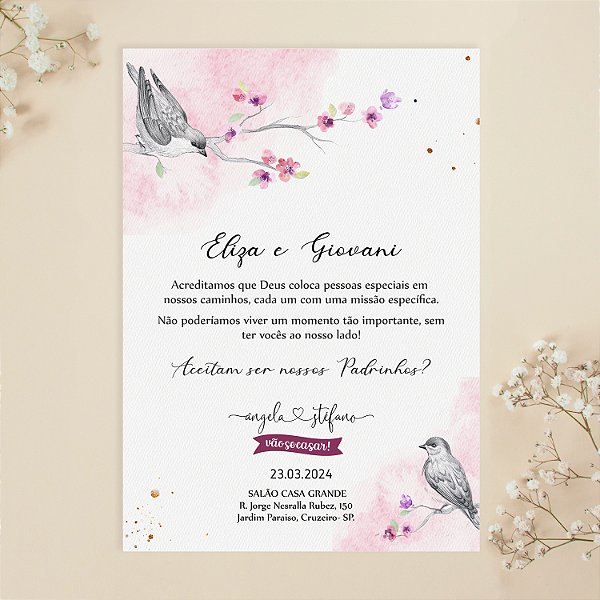 Convite para Padrinhos 03 - Floral de Cerejeira com Pássaros