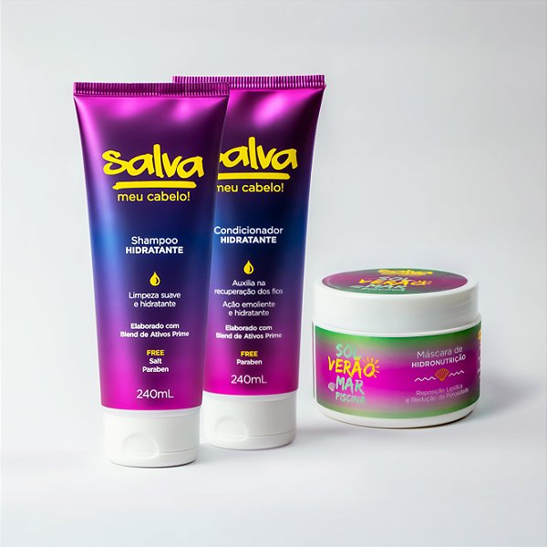 TRIO VERÃO - Shampoo e Condicionador Hidratantes 240ml + Máscara de Hidronutrição Sol Verão Mar e Piscina 250g