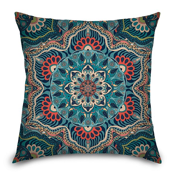 Capa de Almofada Synth 45x45cm Mandala Azul Salmão e Verde