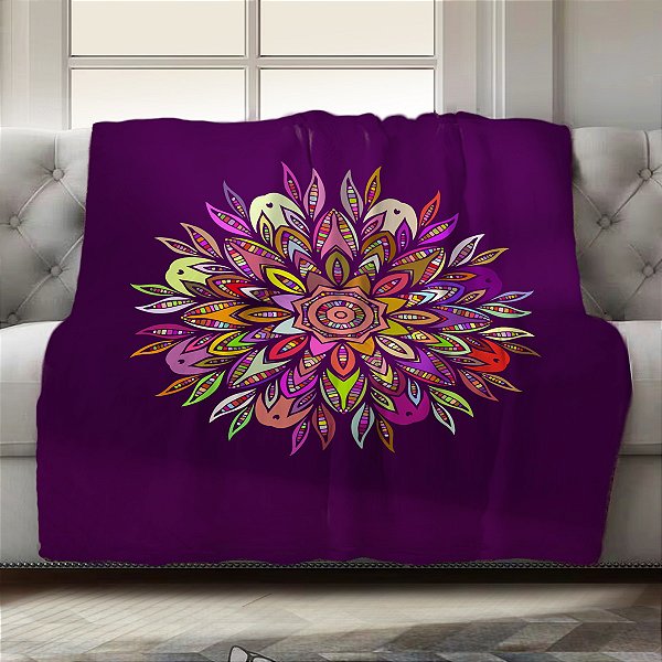 Manta Decorativa Synth 130x150cm Mandala Colorida Fundo Roxo