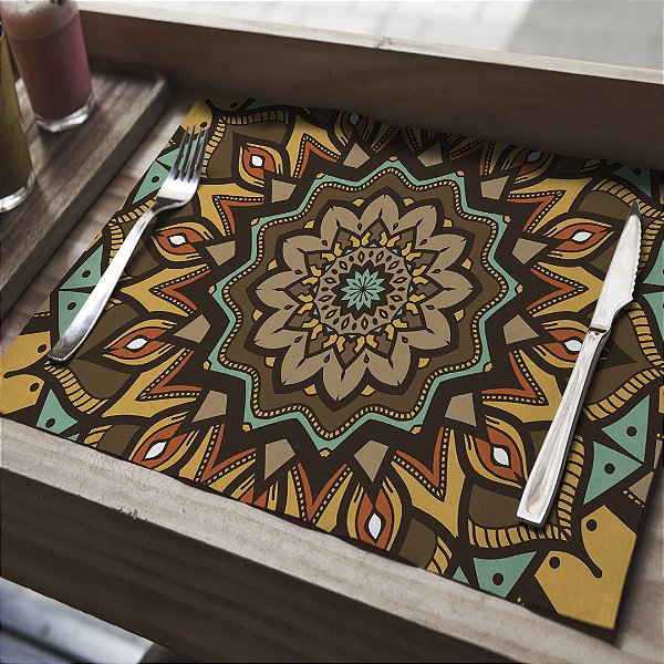 Kit Jogo Americano com 4 Peças Mandala Marrom e Amarela
