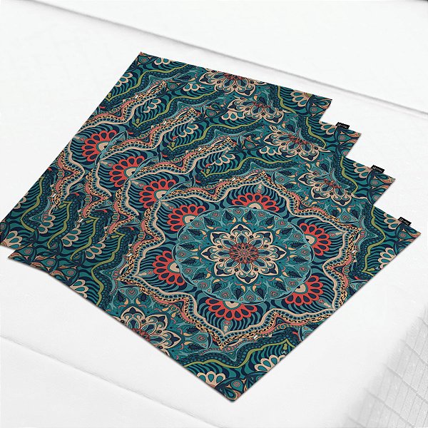 Kit Jogo Americano com 4 Peças Mandala Salmão e Azul