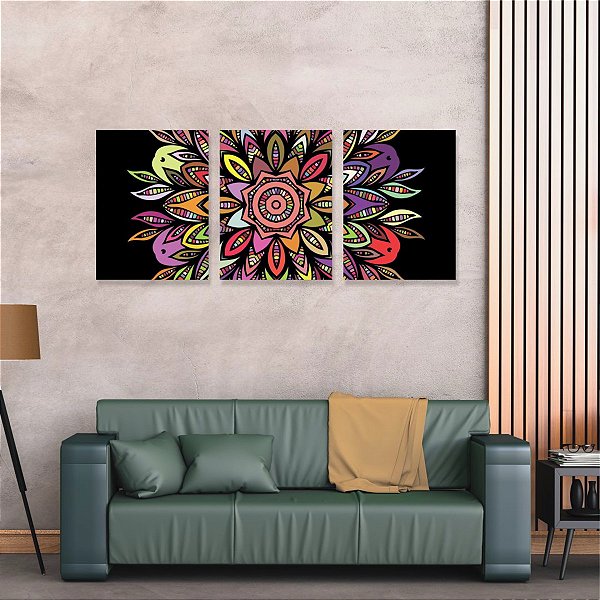 Kit Quadro Canvas 50x70cm com 3 peças Mandala Colorida 08