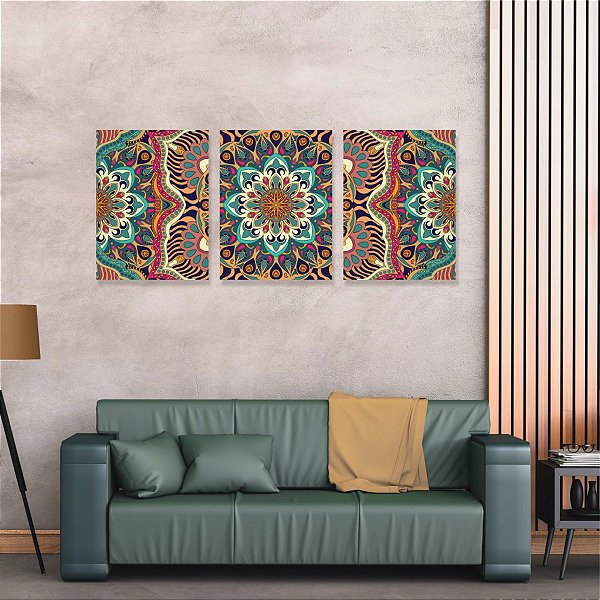 Kit Quadro Canvas 50x70cm com 3 peças Mandala Colorida 07