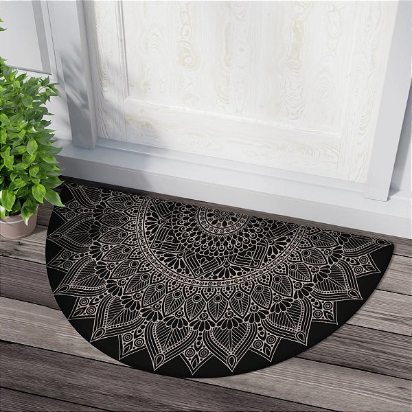 Tapete Meia Lua 80x40cm Mandala Preta e Branca 01