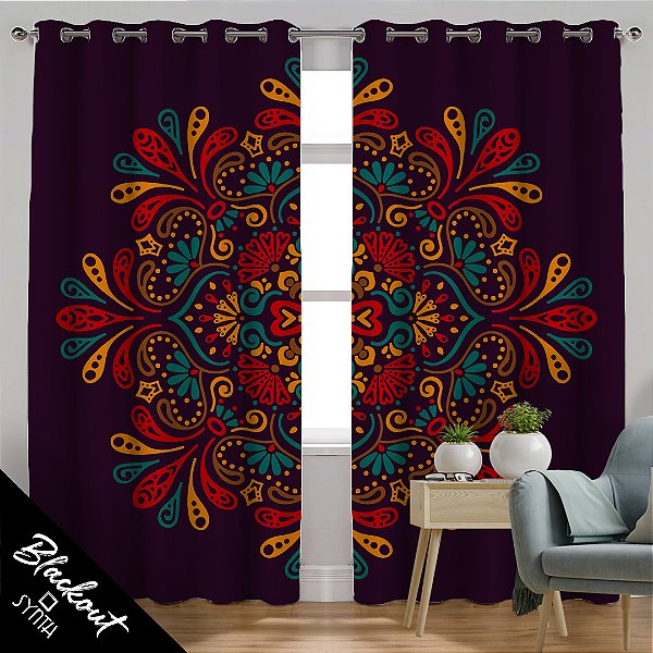 Cortina Synth (blackout) 2,50x2,80m Mandala Vermelha Azul e Amarela