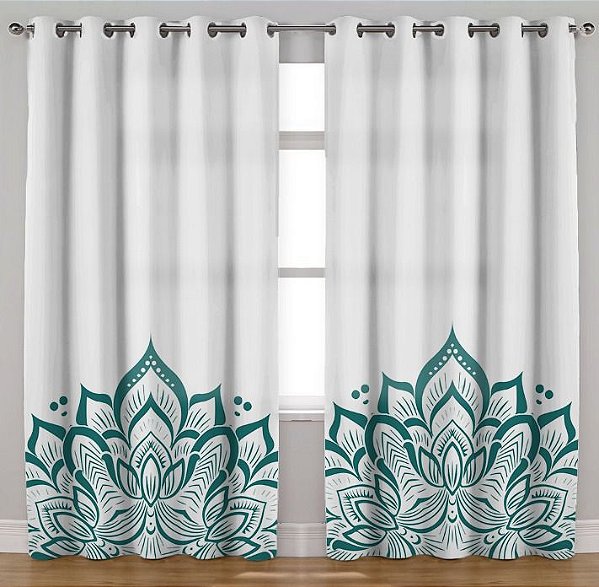 Cortina Synth 2,50x2,90m Mandala Chic Branco e Azul T