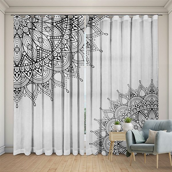 Cortina Para Trilho Suiço 2,20x2,90 Mandala Branca e Preta