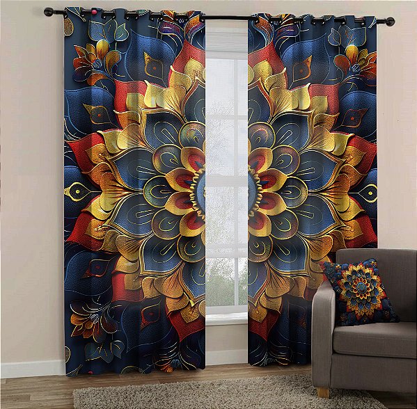 Cortina Synth 2,50x2,80m Mandala 89 - Grátis Capa de almofada com a mesma estampa