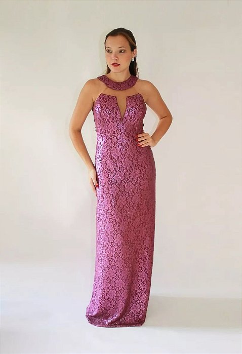 Vestido de Festa Renda Longo Com Brilho Lilás