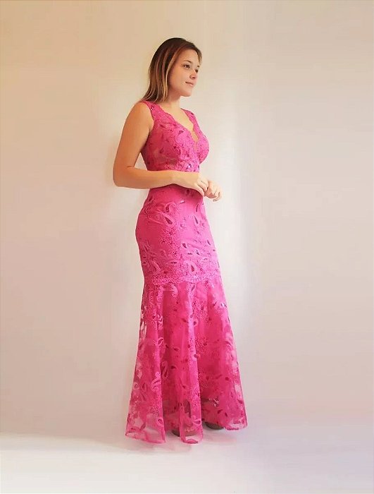Vestido Longo De Festa Para Madrinha Tule Bordado Rosa Pink - Ateliê Leydi