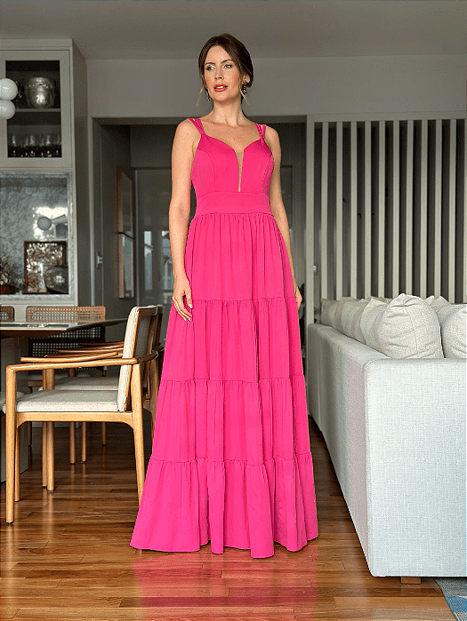 Vestido De Festa Longo Alcinha Três Marias em Crepe Rosa Pink