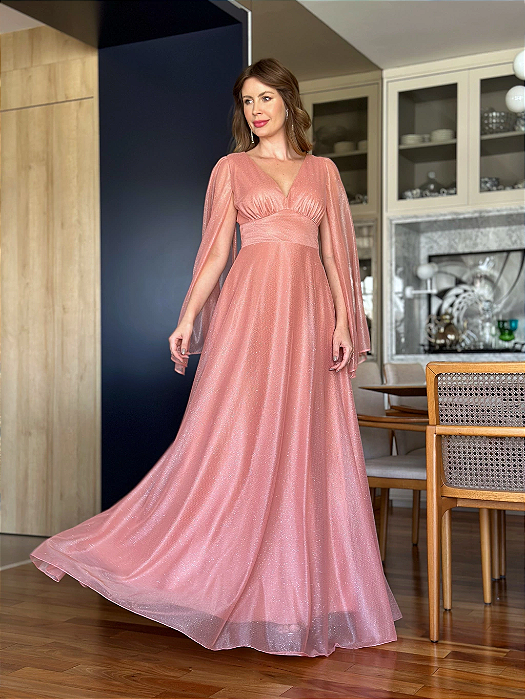 Vestido Longo Madrinha Brilho com Capa Manga Longa Rose