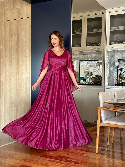 Vestido Longo Godê Brilho Capa Manga Longa Fúcsia