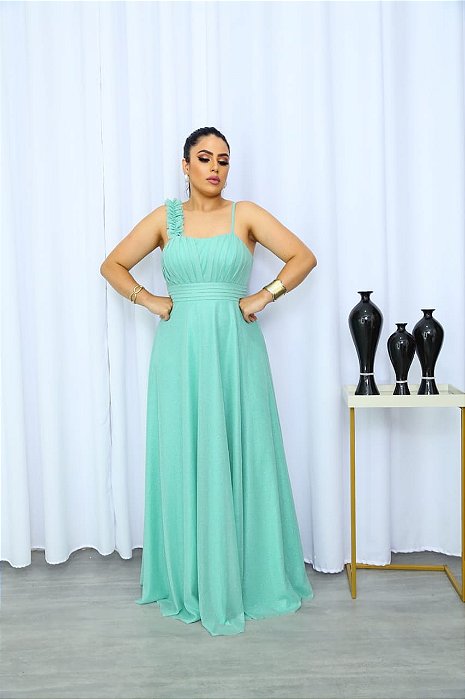Vestido de Festa Longo Tule Cristal Brilho e Drapeado Flor no Ombro Verde Men