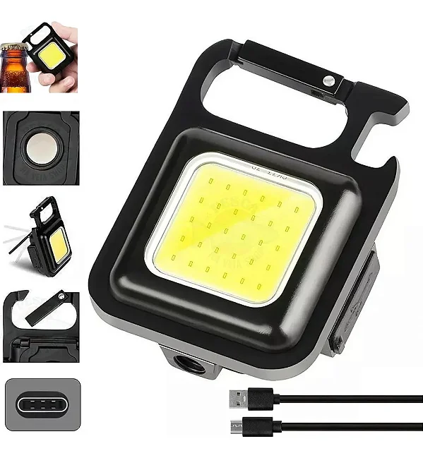 Mini Chaveiro Led Usb Mosquetão Abridor Imã Pesca Camping Recarga Branco Preto